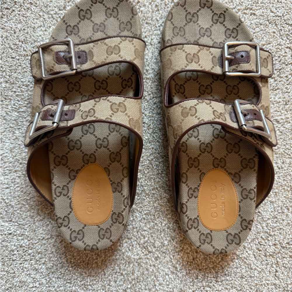 Gucci Tan Monogram Buckle Sandals